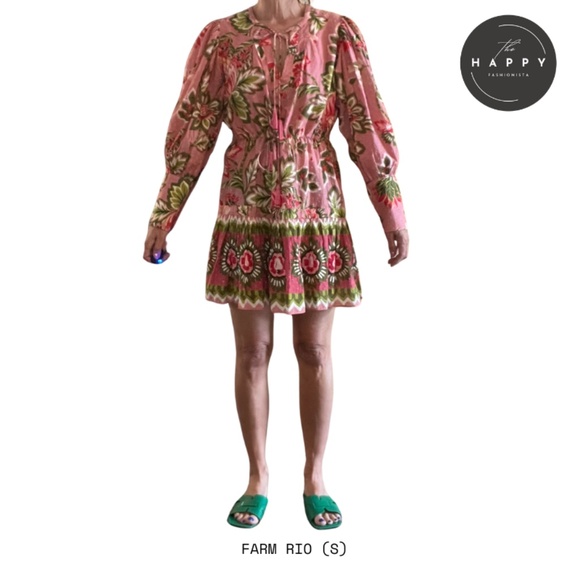 Farm Rio Aura Peasant Dress Women's Pink Floral Cotton Beaded Tassels Boho (S) - Picture 7 of 16